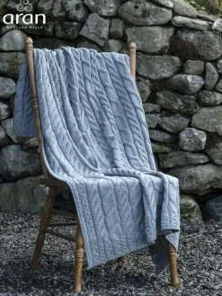 Aran Cable Knit Blanket Super Soft Merino Grey/Blue