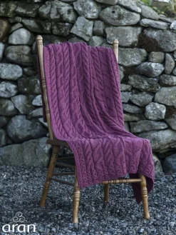 Aran Cable Knit Blanket Super Soft Merino Raspberry