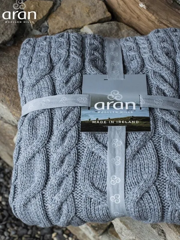 Aran Cable Knit Blanket Super Soft Merino Grey/Blue
