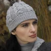 Aran Cable Knit Hat Pom Pom Silver