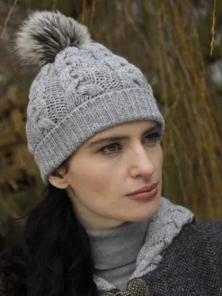 Aran Cable Knit Hat Pom Pom Silver