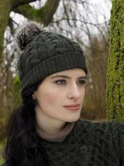 Aran Cable Knit Hat Pom Pom Green