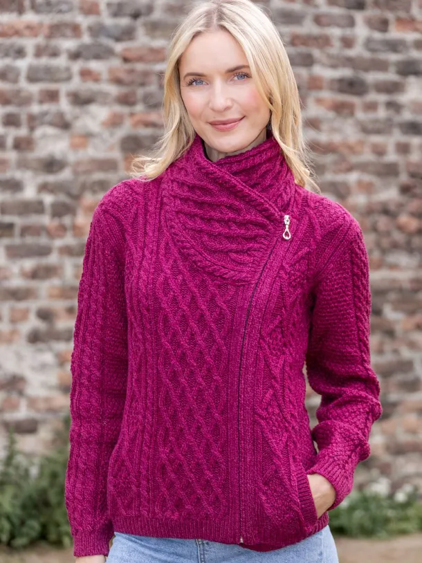 Aran Cable Knit Side Zip - Raspberry