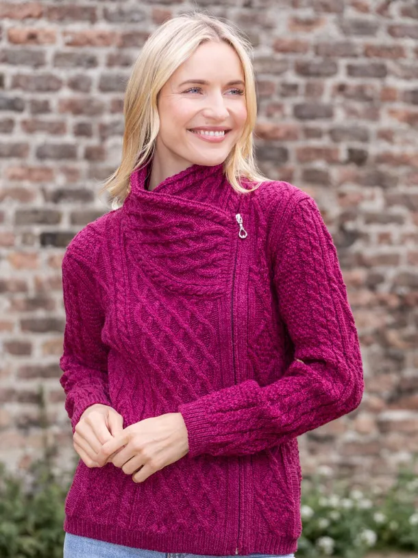 Aran Cable Knit Side Zip - Raspberry