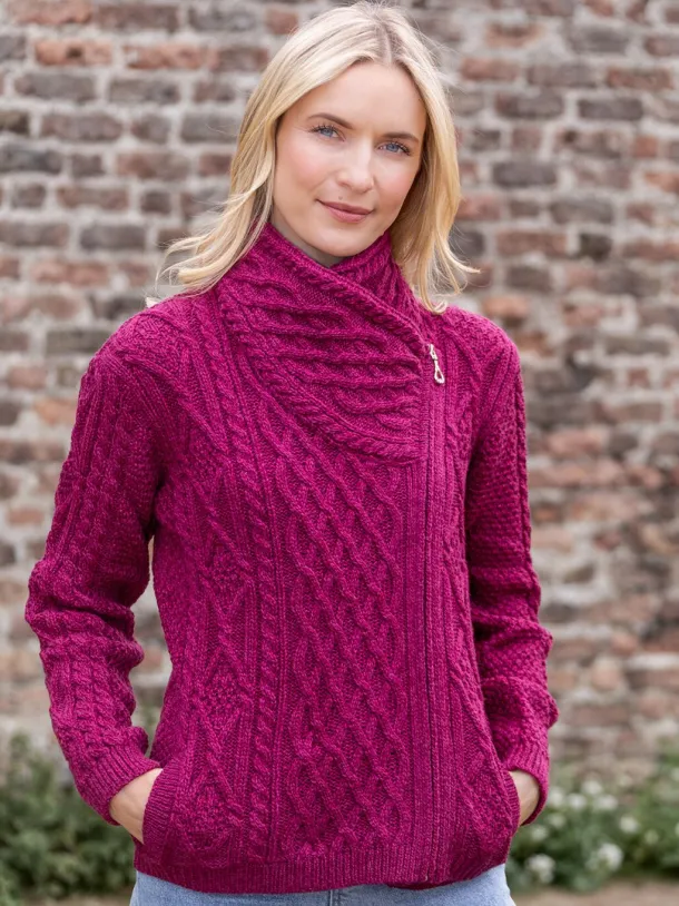 Aran Cable Knit Side Zip - Raspberry