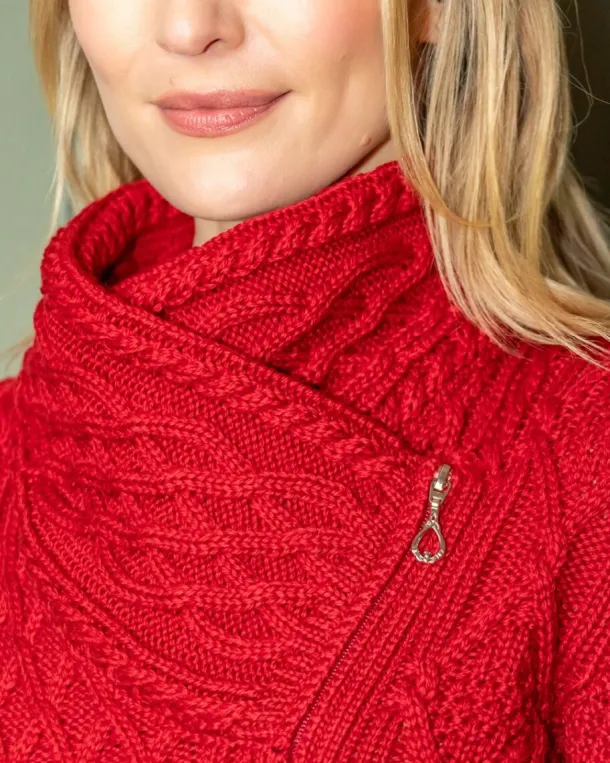 Aran Cable Knit Size Zip - Red