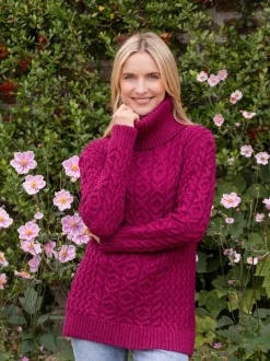 Aran Cowl Neck Merino Wool Raspberry