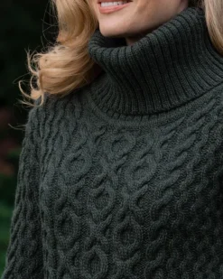 Aran Cowl Neck Merino Wool Army Green