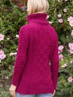 Aran Cowl Neck Merino Wool Raspberry