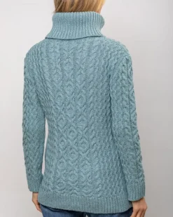Aran Cowl Neck Merino Wool Aqua