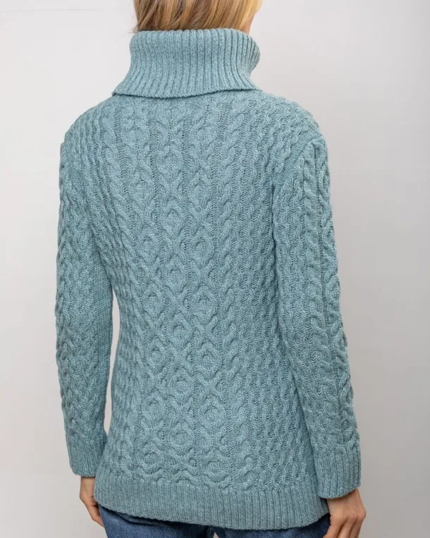 Aran Cowl Neck Merino Wool Aqua