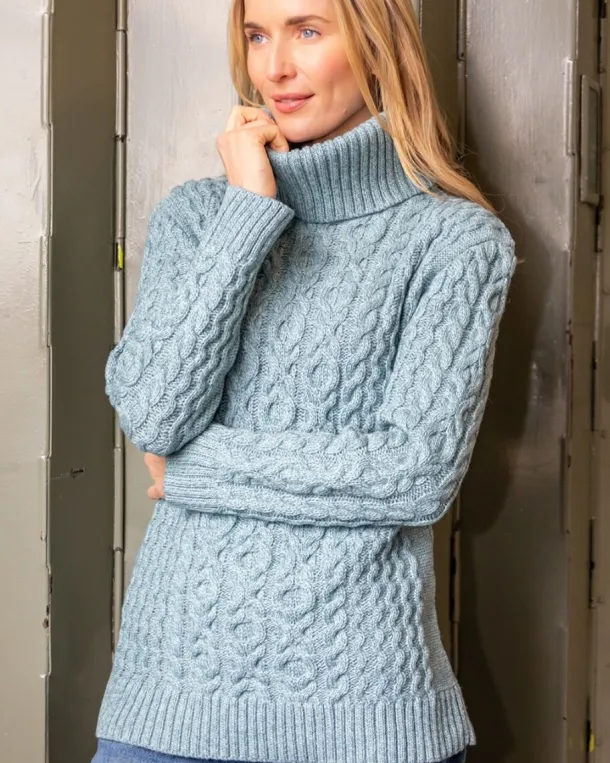 Aran Cowl Neck Merino Wool Aqua