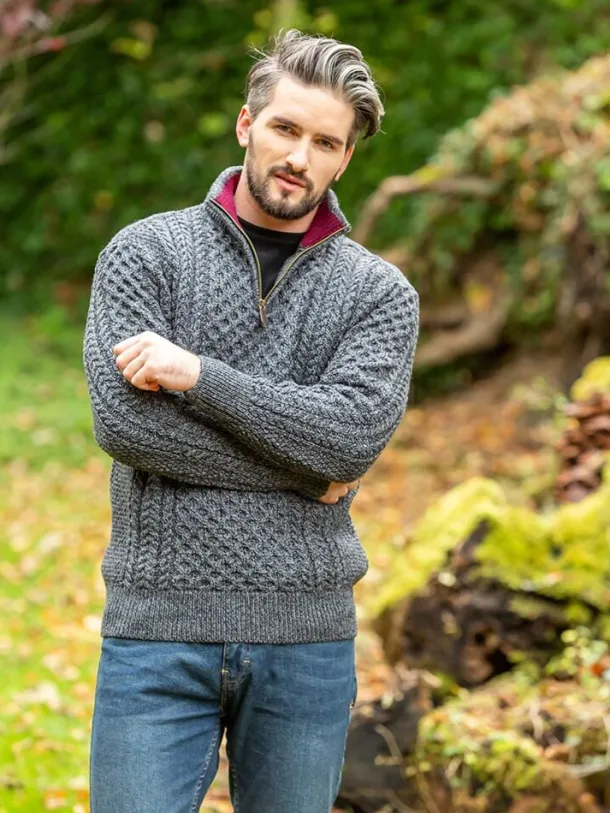 Aran Half Zip Sweater - 2507 Slate with wine collar