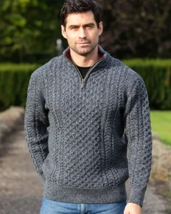 Aran Half Zip Sweater - 2507 Slate with wine collar