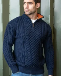 ARAN HALF ZIP SWEATER 2507- Navy with Terracotta collar