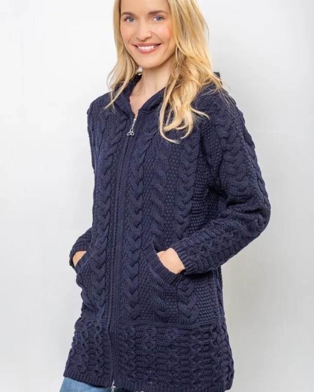 Aran Hooded Coat with Celtic Zipper Navy