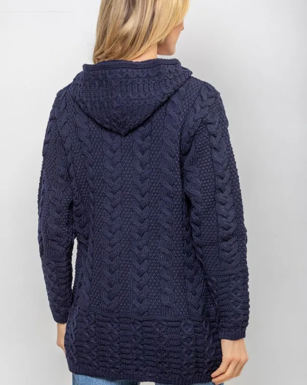 Aran Hooded Coat with Celtic Zipper Navy