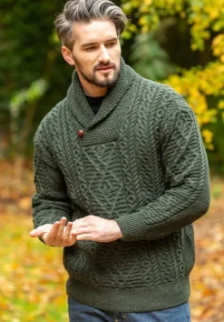 Aran Shawl Neck Sweater Army Green