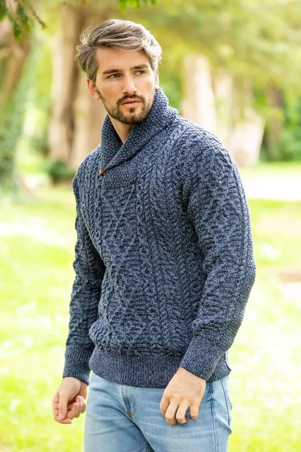 Aran Shawl Neck Sweater Denim