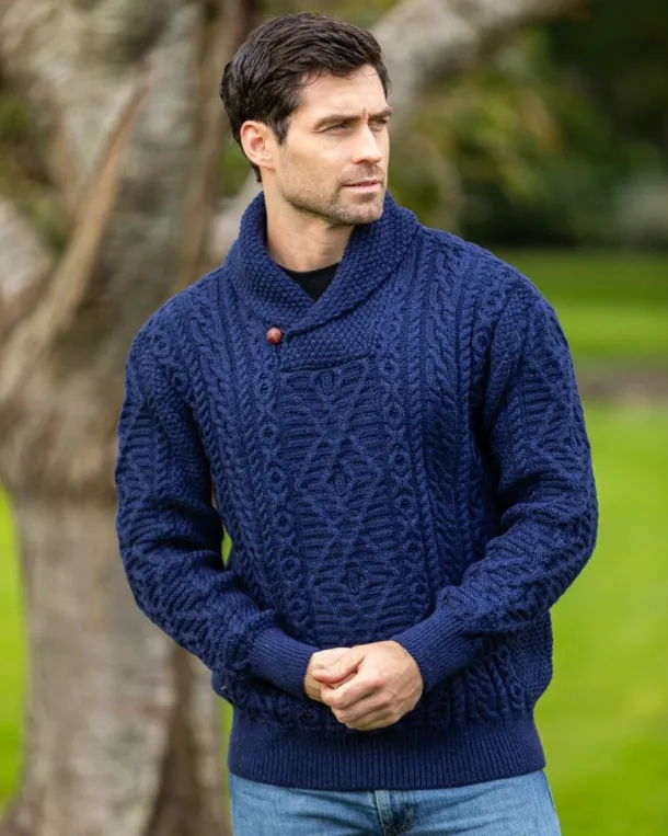 Aran Shawl Neck Sweater Deep Water Blue