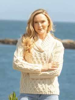 Bramble Aran Shawl Collar Sweater Natural