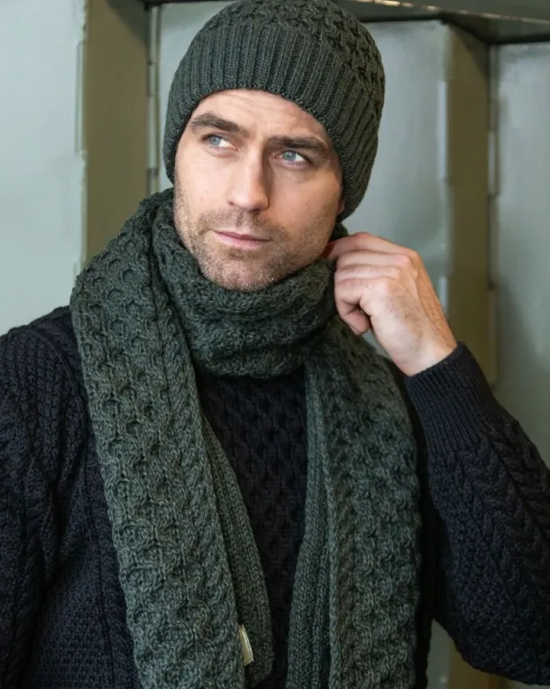 Cable Knit Unisex Scarf Army Green - 100% Merino Wool