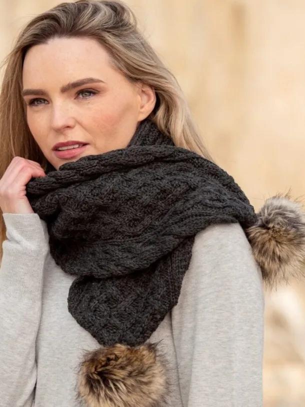 Charcoal Pom Pom Aran Scarf