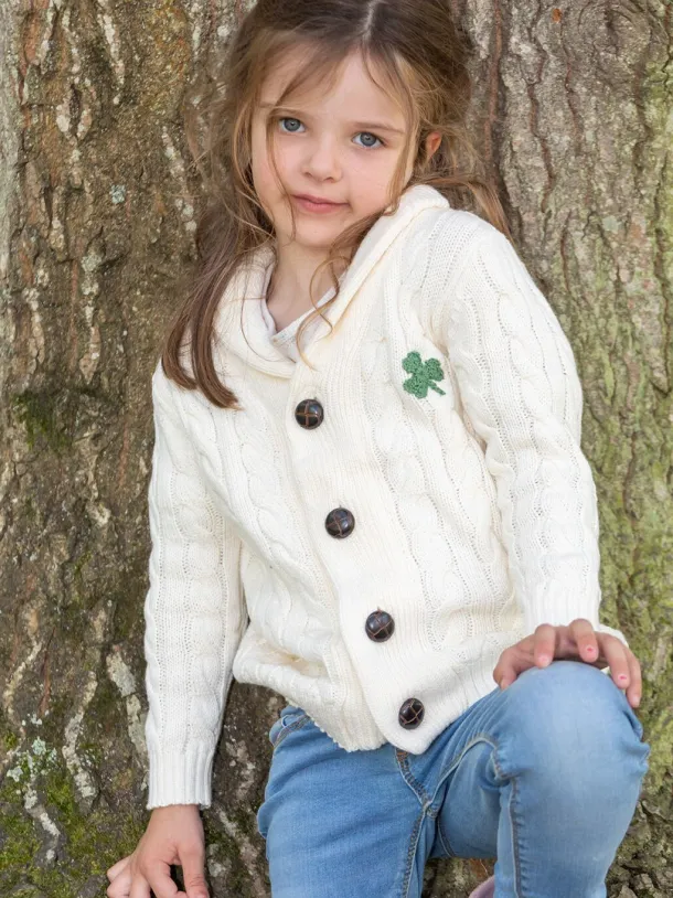 Cream Cable Knit Kids Cardigan with Shamrock