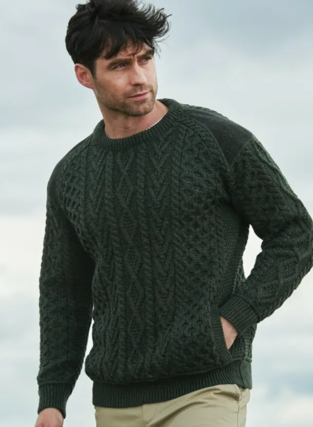 Crew Neck Sweater with Tweed details Army Green