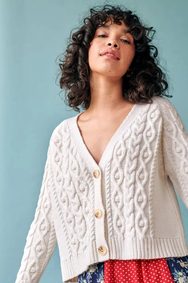 Cropped Cable Knit V Neck Cardigan Ivory