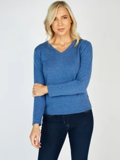 Extra Fine Merino Wool & Cashmere V Neck Sweater Denim