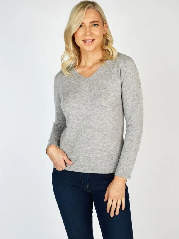 Extra Fine Merino Wool & Cashmere V Neck Sweater Silver Grey