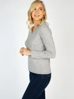 Extra Fine Merino Wool & Cashmere V Neck Sweater Silver Grey