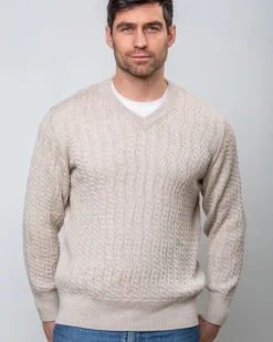 Extra Fine Merino Wool V Neck Sweater Beige