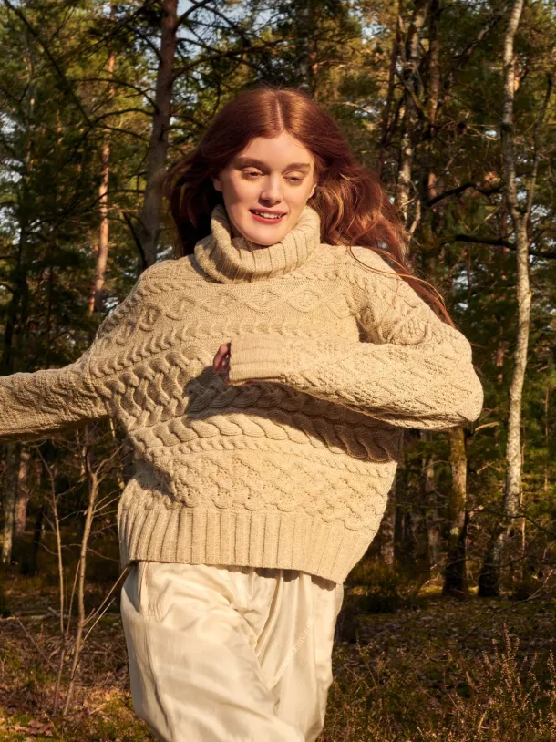 100% Fine Merino Wool Cable Polo Neck Beige