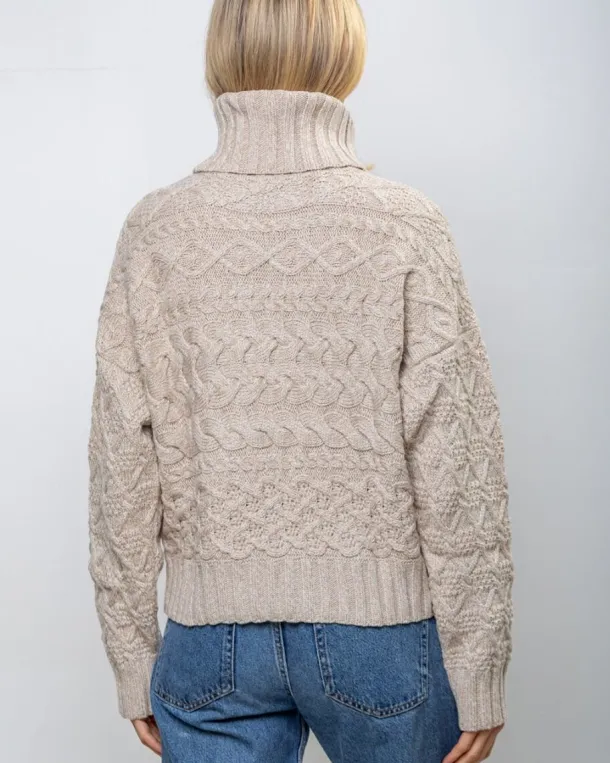 100% Fine Merino Wool Cable Polo Neck Beige