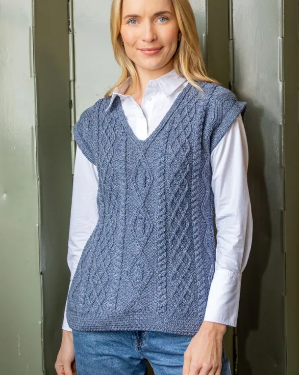 Fitted Aran Vest Merino Wool - Blue