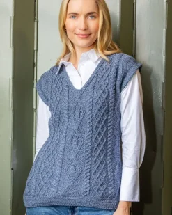 Fitted Aran Vest Merino Wool - Blue