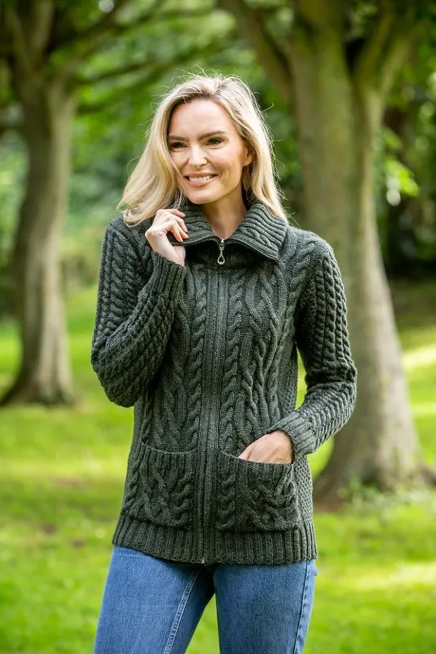 Full Zip Fitted Aran Cardigan Army green