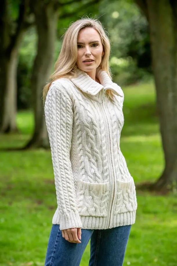 Full Zip Fitted Aran Cardigan with large collar