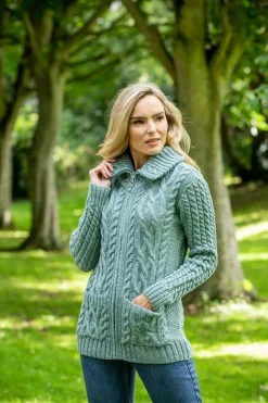 Full Zip Fitted Aran Cardigan Aqua