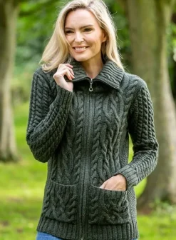 Full Zip Fitted Aran Cardigan Army green