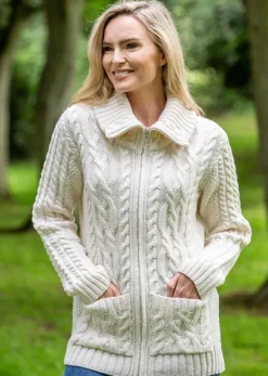 Full Zip Fitted Aran Cardigan with large collar