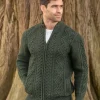 Full Zip Mens Aran Cardigan - Army Green