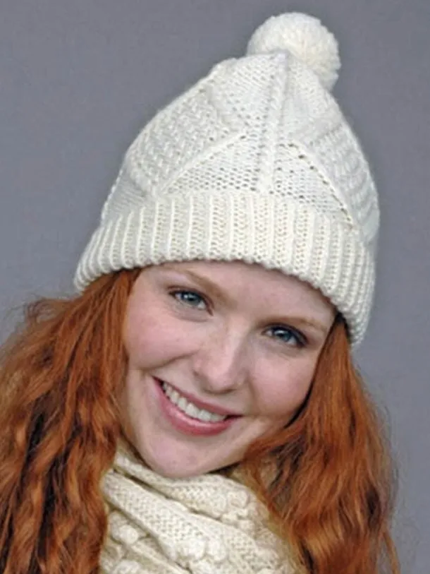 Hand Knit Aran Hat with bobble Natural