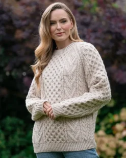Handknit Womens Plus Size Aran Sweater Beige