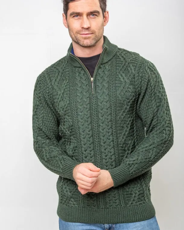 Heavyweight Extra Fine Merino Wool Half Zip Sweater - Forest Green