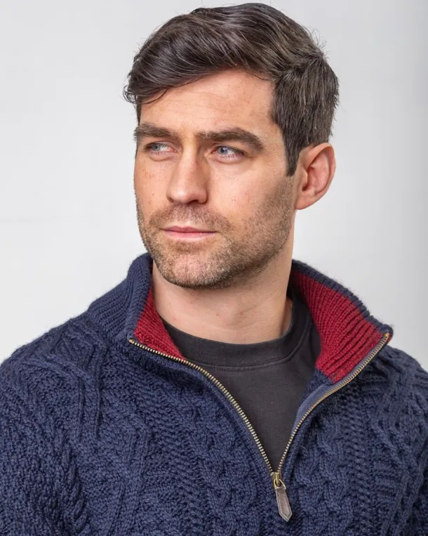 Heavyweight Extra Fine Merino Wool Half Zip Sweater - Navy