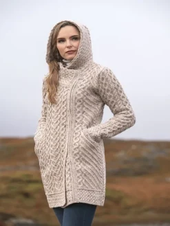 Hooded Merino Wool Coat with Zip Oatmeal