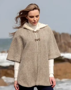 Hooded Tweed Cape - Natural